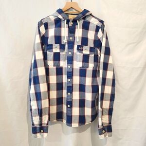 Hollister Men's Hooded Button Up Top Size L Blue Plaid Pacific Surf Retro Preppy